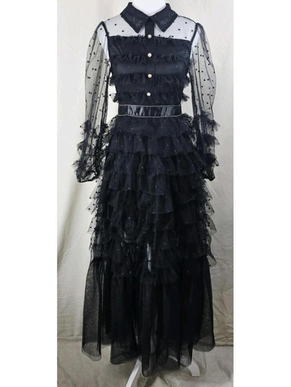 Catchall Maddison Black Polka Dot Maxi Dress Sheer Long Sleeve Tiered NWT Sz S